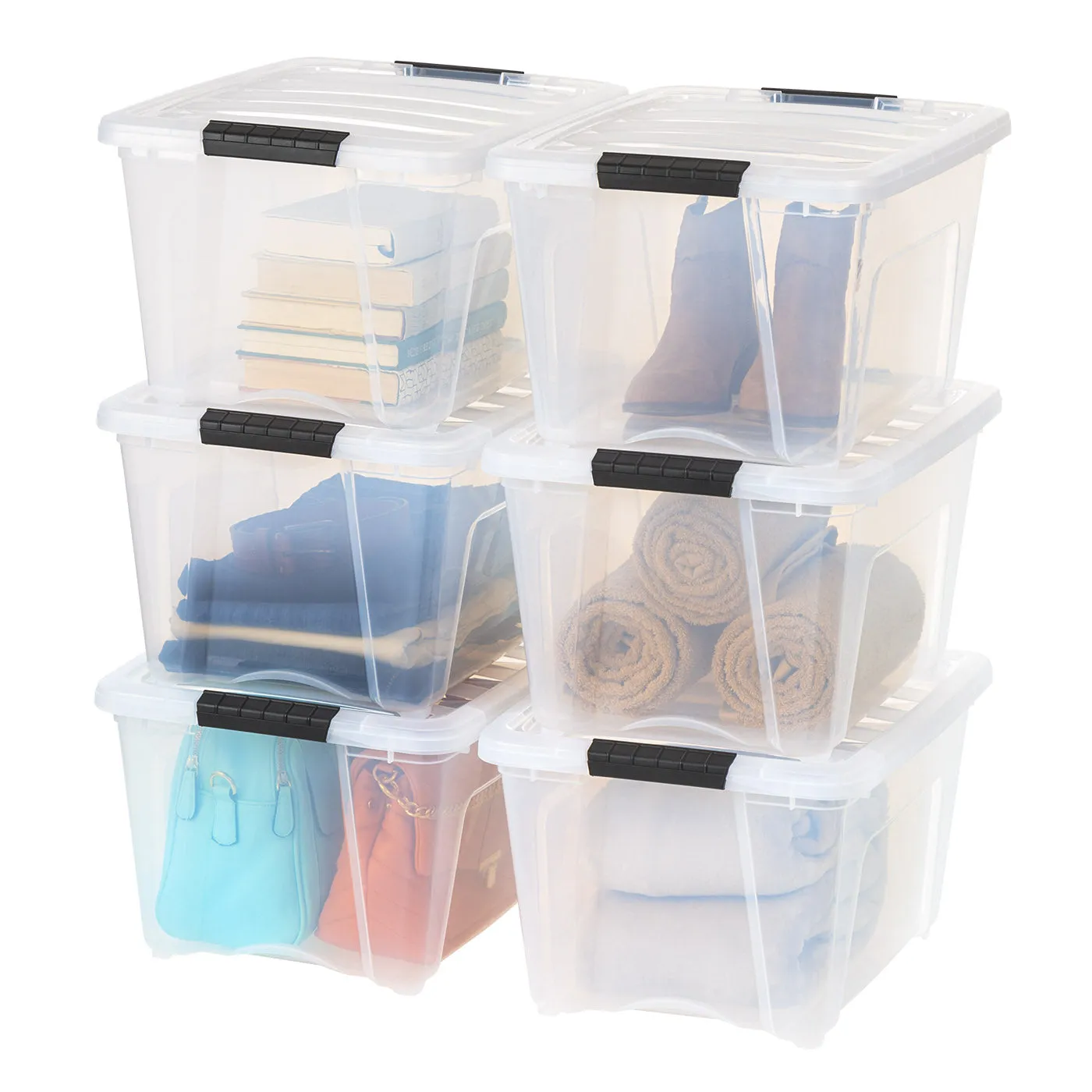 6 Pack 32qt Clear View Plastic Storage Bin with Lid and Secure Latching Buckles