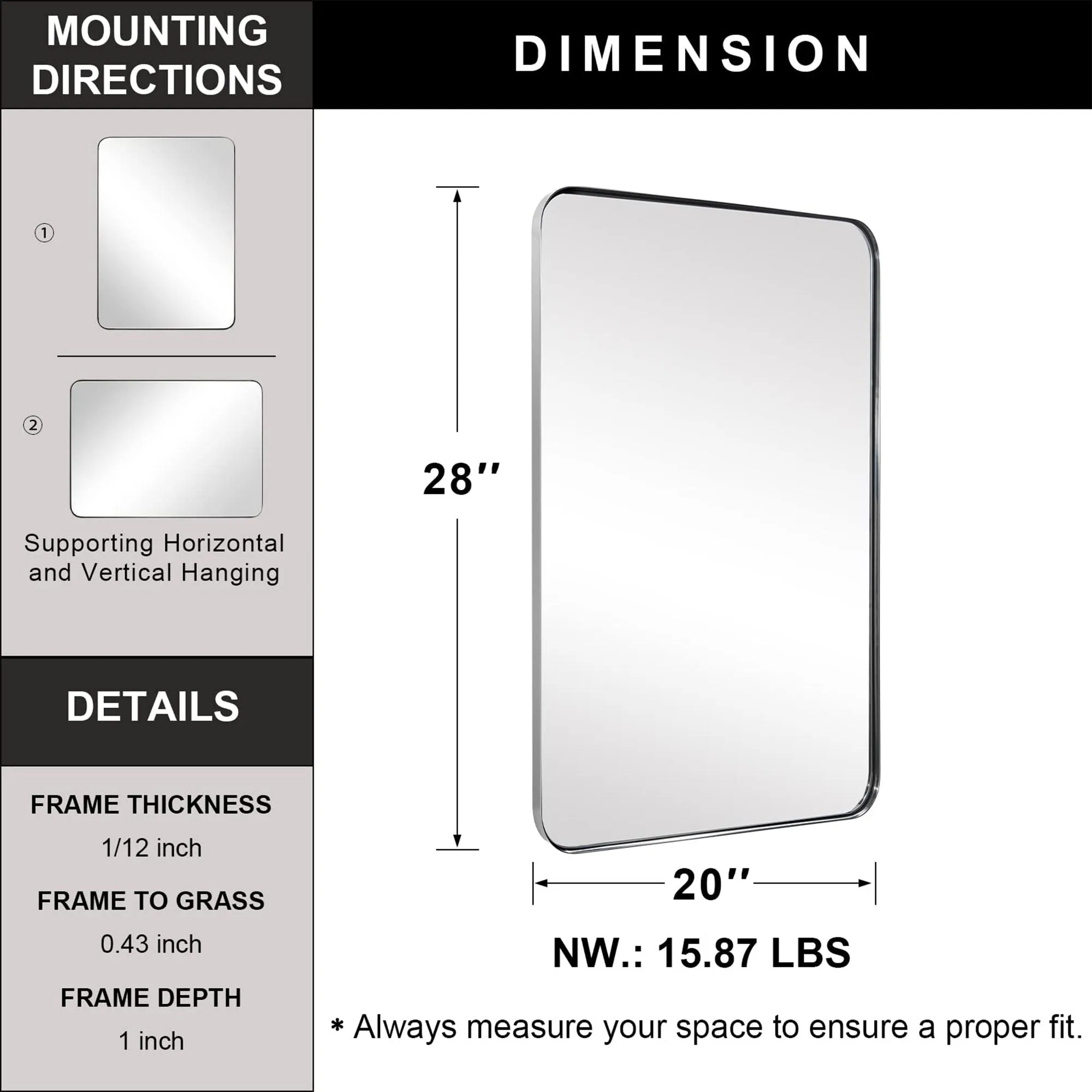 ANDY STAR Modern 20 x 28 Inch Rectangular Hanging Vanity Mirror, Brushed Nickel