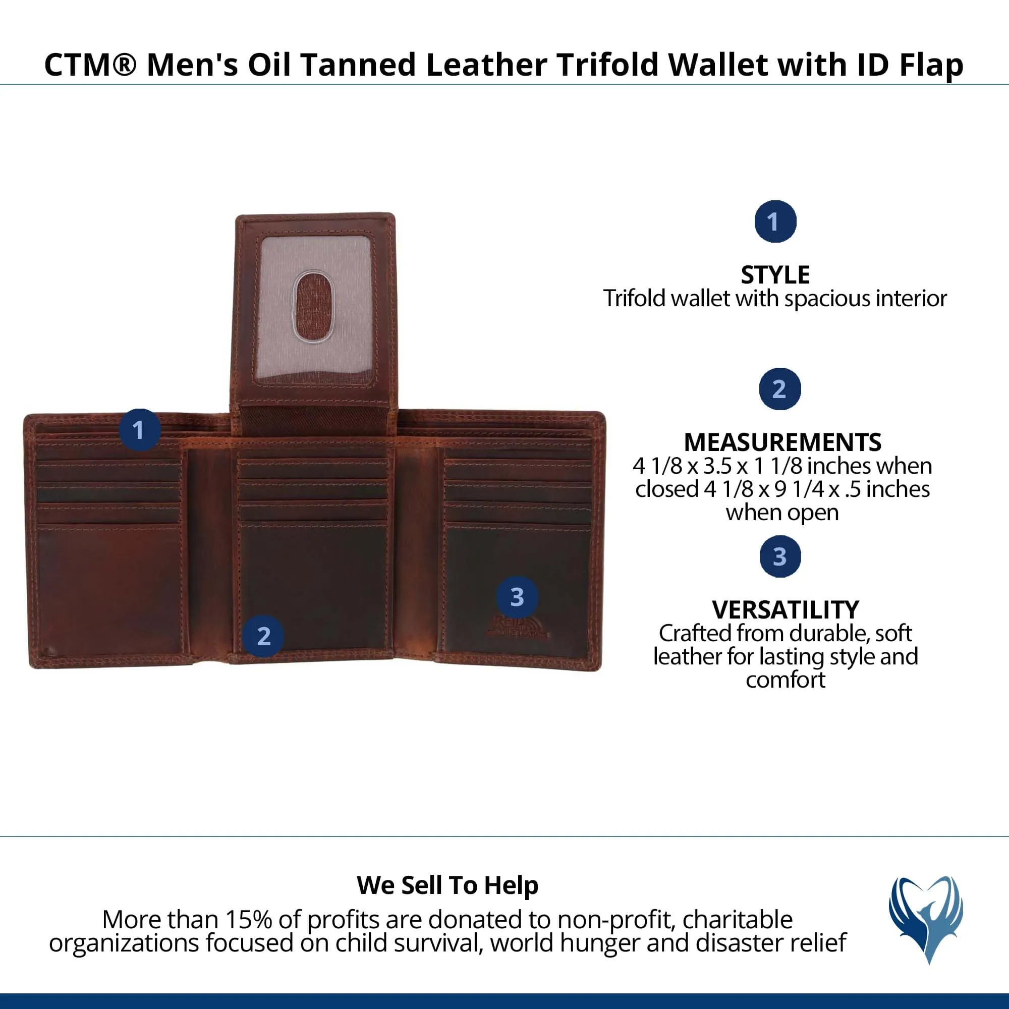 CTM® Men's Oil Tanned Leather Trifold Wallet with ID Flap