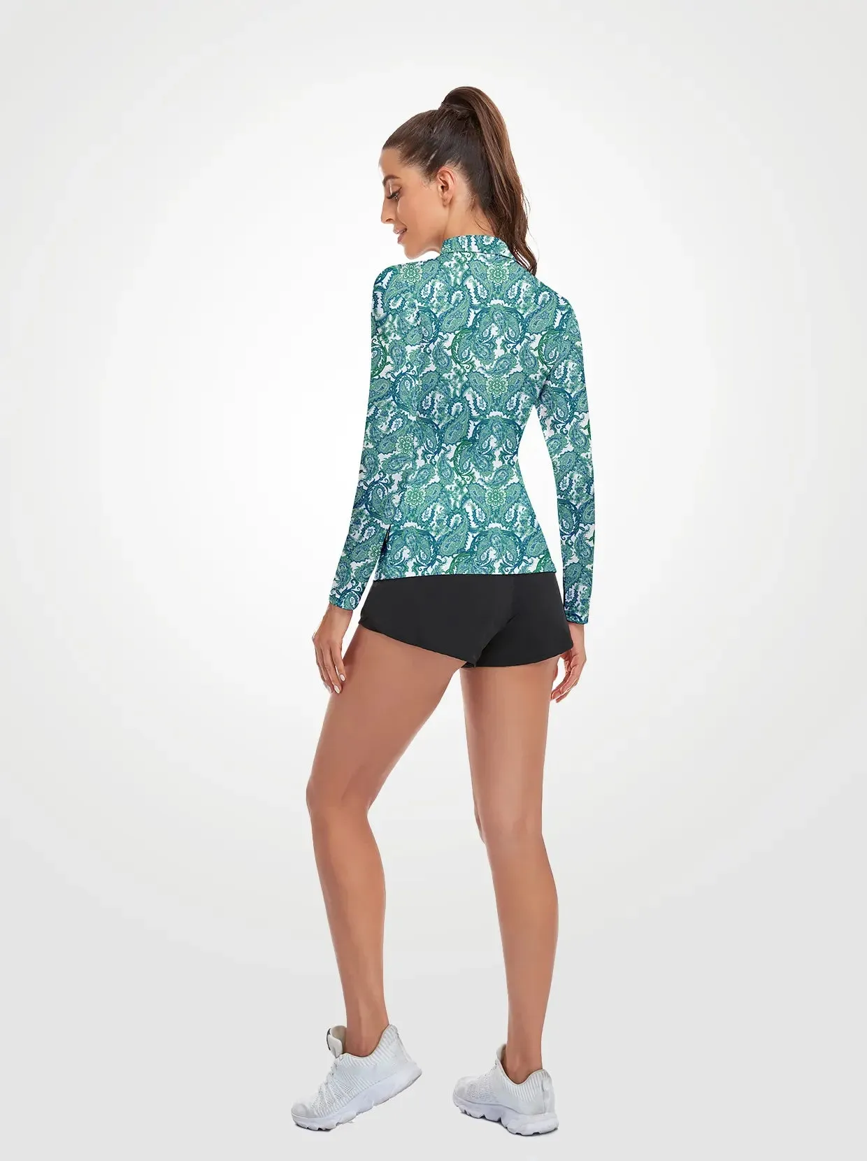 Green Paisley Quarter-zip Long-sleeve Polo Shirt for Women