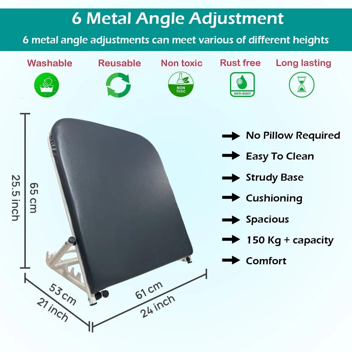 Kawachi 6 Angle Adjustable Patient Lifting Bed Backrest Chair, Cushioned Back with Leather, Washable, Reusable, Non-toxic, Rust Free, Long Lasting, Portable-KW118