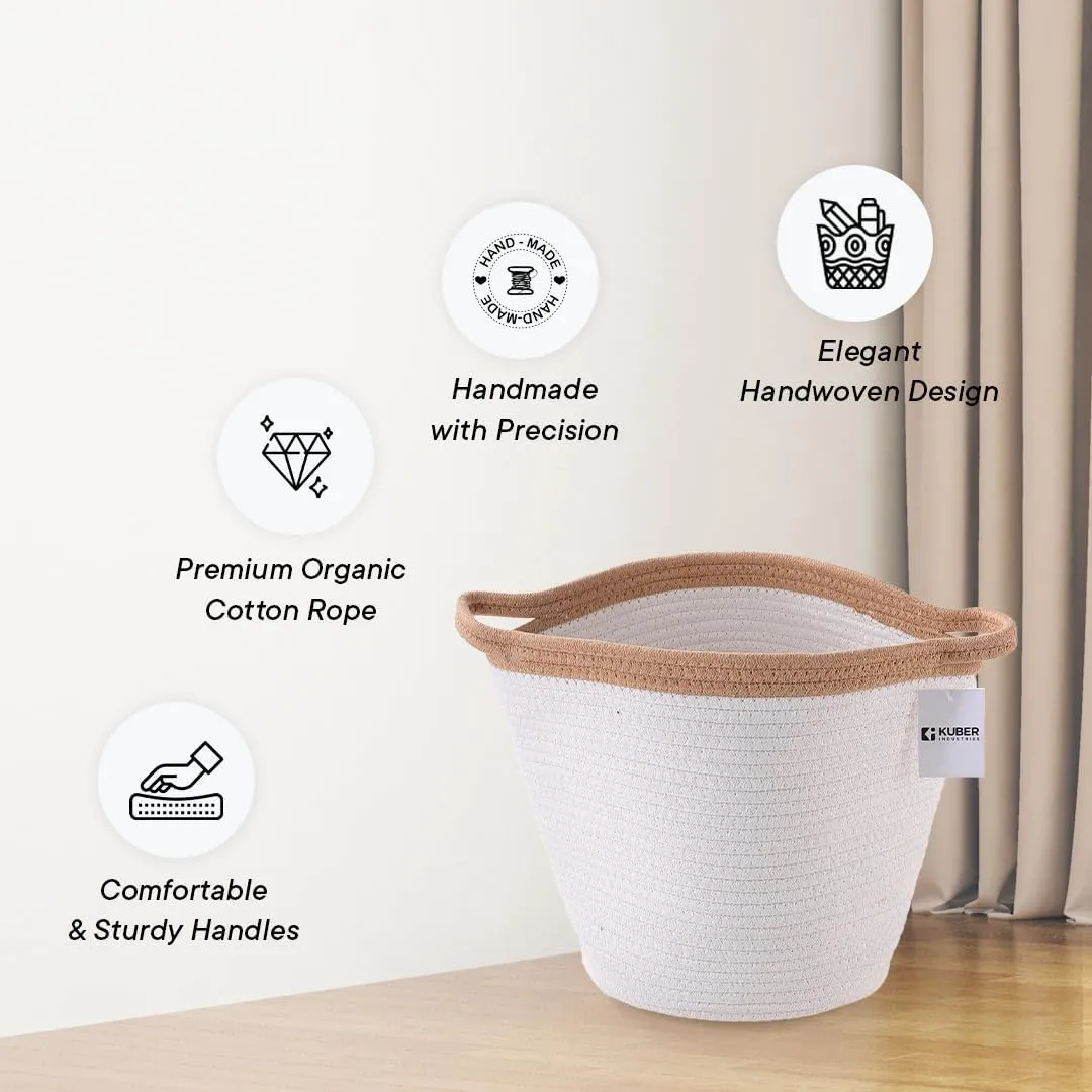 Kuber Industries Cotton Woven Storage Basket With Handle|Shelf Basket Hamper|Organizer for Toys, Socks, Cosmetic|Capacity 21 L|Pack Of 5|White|