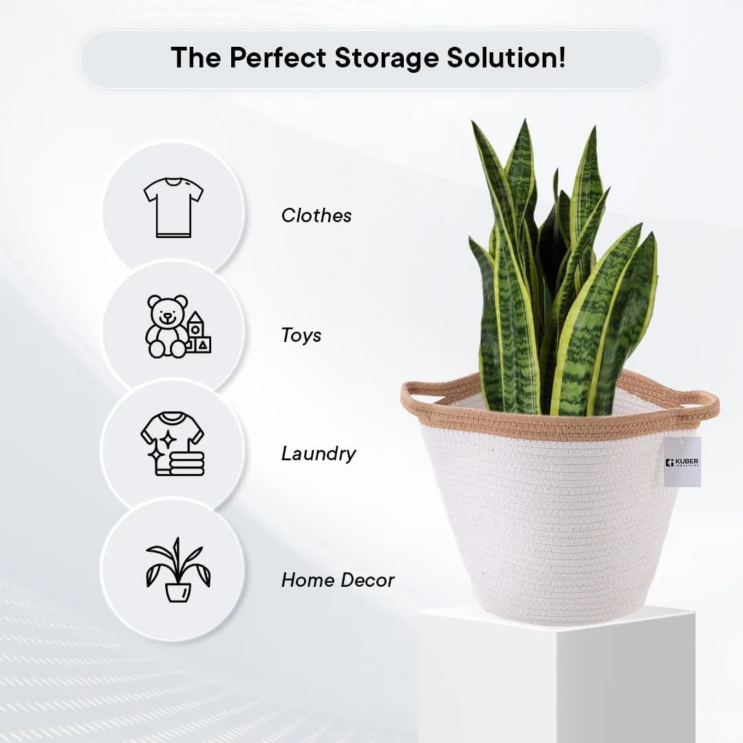 Kuber Industries Cotton Woven Storage Basket With Handle|Shelf Basket Hamper|Organizer for Toys, Socks, Cosmetic|Capacity 21 L|Pack Of 5|White|