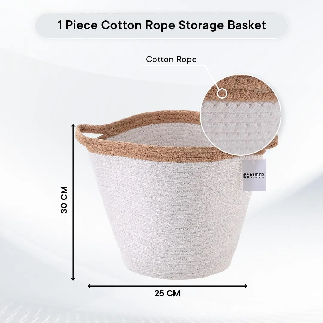 Kuber Industries Cotton Woven Storage Basket With Handle|Shelf Basket Hamper|Organizer for Toys, Socks, Cosmetic|Capacity 21 L|Pack Of 5|White|