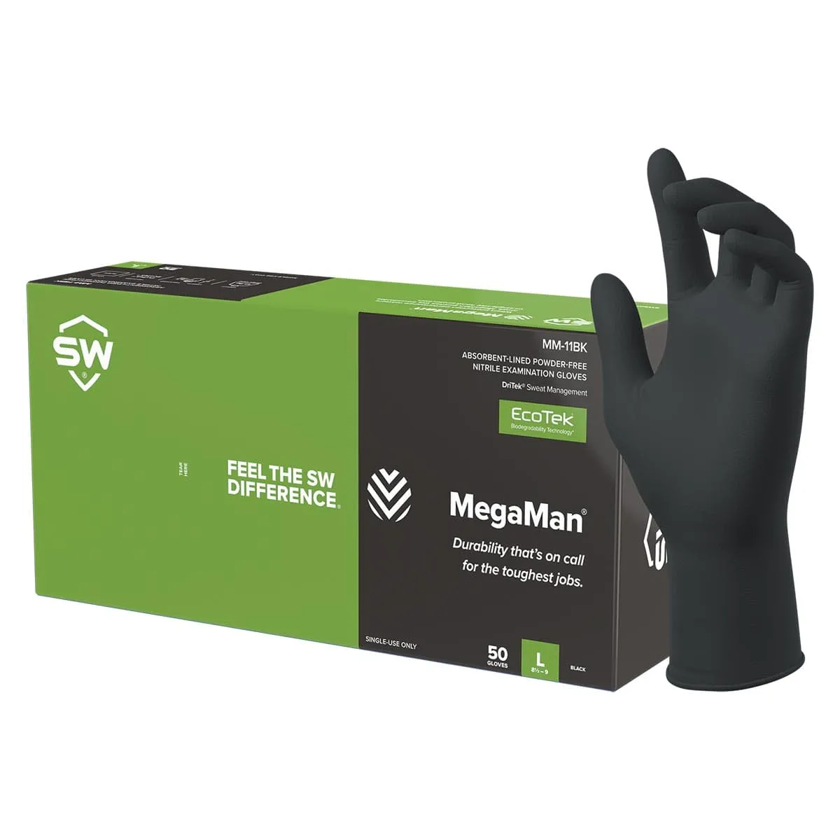 SW Sustainability MegaMan MM-11BK 8.5-mil Sweat-Absorbing Biodegradable Nitrile Gloves