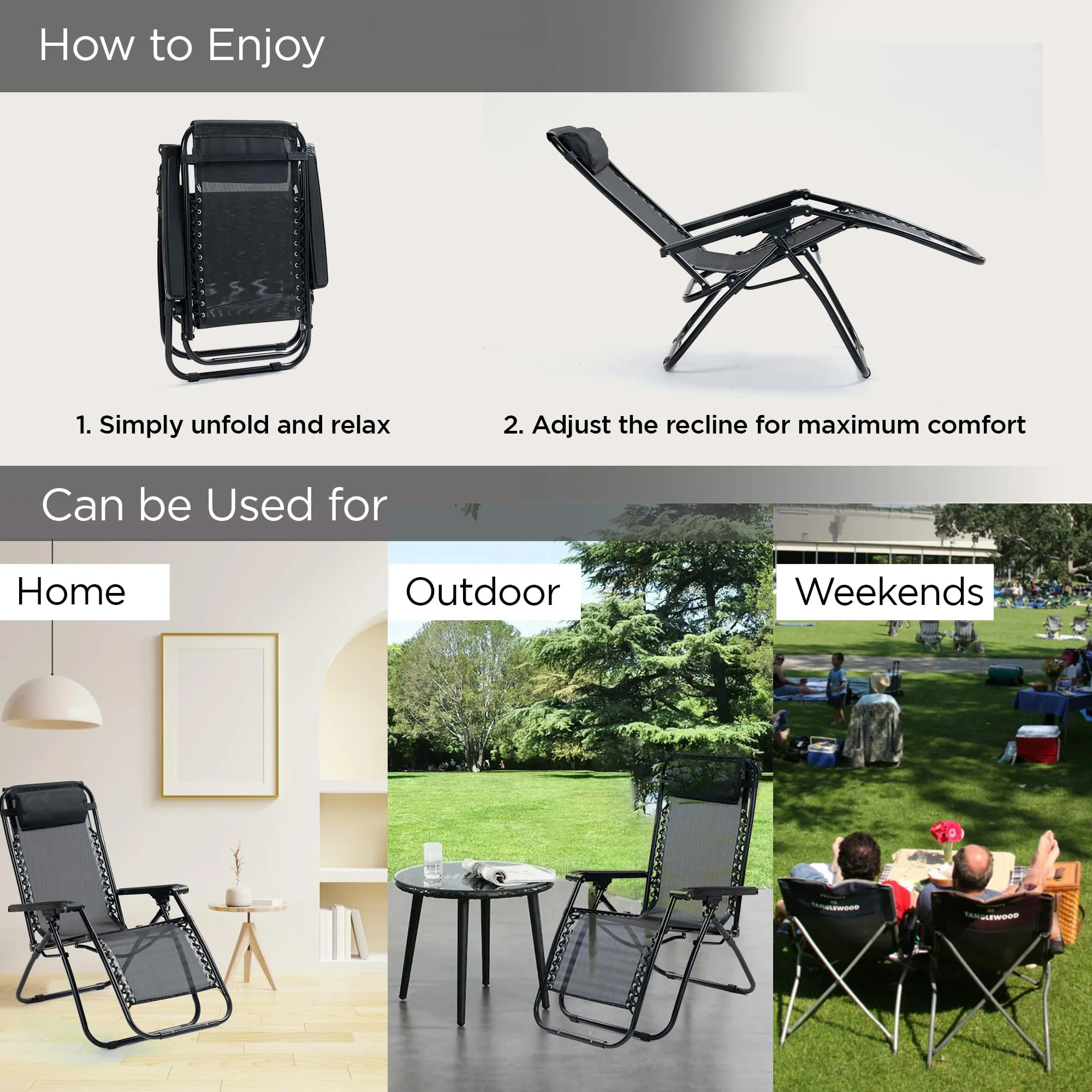 UMAI Recliner Chair | Easy Chair | Relaxing Chair for Home | Portable Foldable | Adjustable Pillow | Comfortable Lounge | Lawn Balcony Home Room | Folding Chair | Black