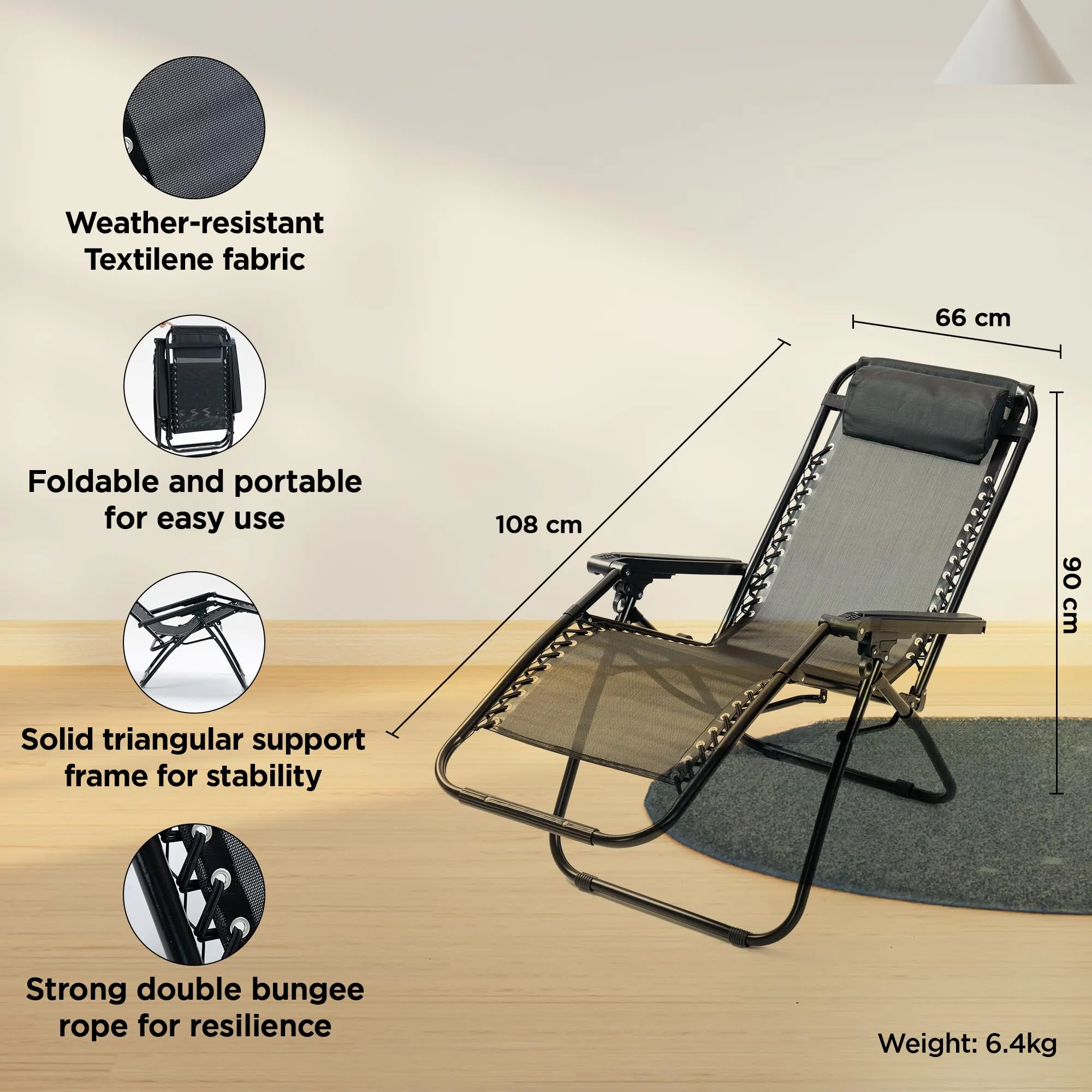 UMAI Recliner Chair | Easy Chair | Relaxing Chair for Home | Portable Foldable | Adjustable Pillow | Comfortable Lounge | Lawn Balcony Home Room | Folding Chair | Black