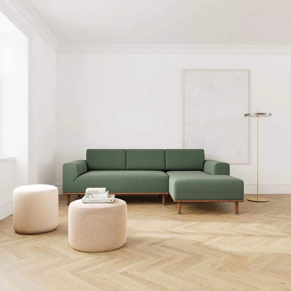 Vilmar Fabric Right Chaise Sofa (Walnut Natural, Dark Green)
